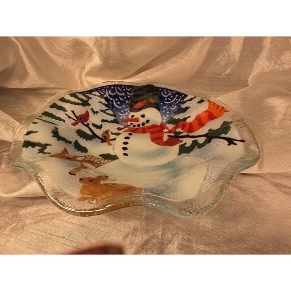 Peggy Karr Fused Glass Snowman Round Plate 8" Reindeer Winter Christmas 7.5" - Picture 3 of 7